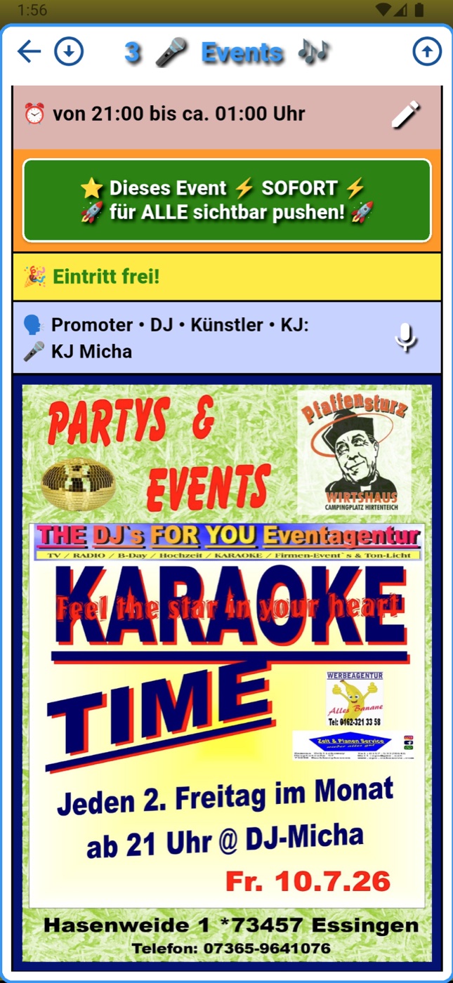 Event Guide App: Detailansicht eines Karaoke-Events mit Flyer, Uhrzeit und Promoter