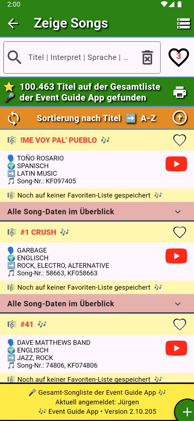 Event Guide App: Gesamt-Songliste mit Titel, Interpret, Sprache und Genre