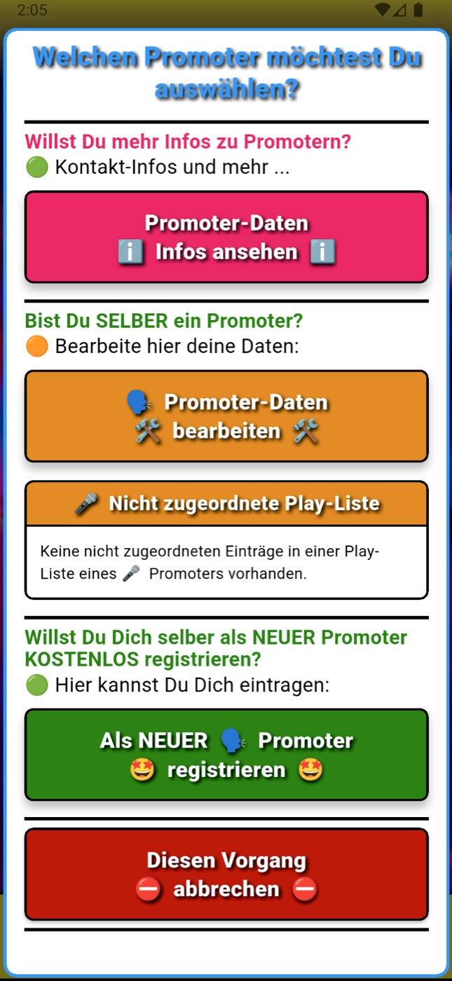 Event Guide App: Promoter-Auswahl mit Infos, Daten bearbeiten und Registrierung