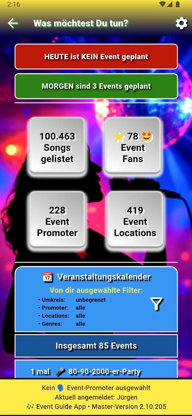 Event Guide App: Startbildschirm mit Übersicht über Songs, Event-Fans, Promoter und Locations
