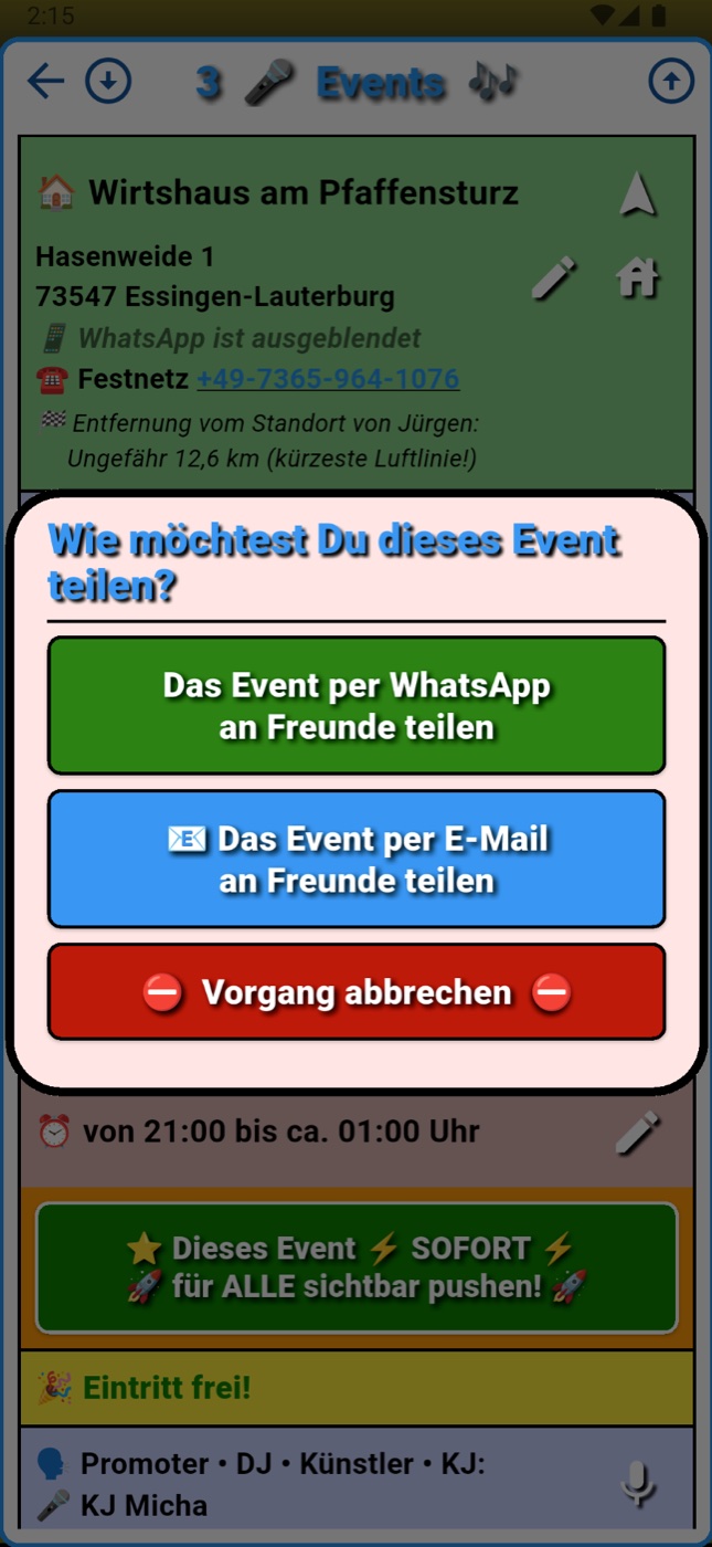 Event Guide App: Event per WhatsApp oder E-Mail an Freunde teilen
